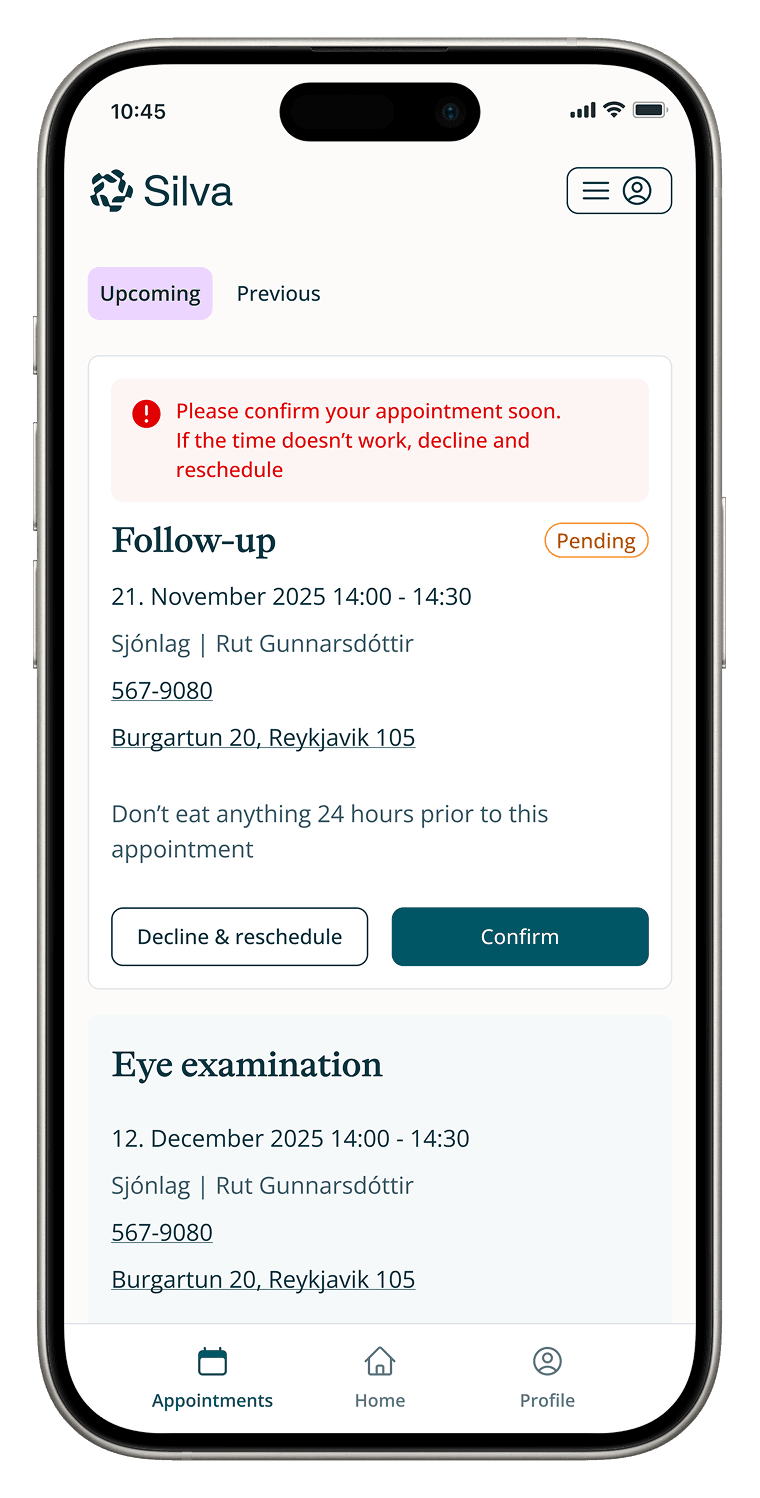 The Silva patient app showing an upcoming appointment with confirm and reschedule actions