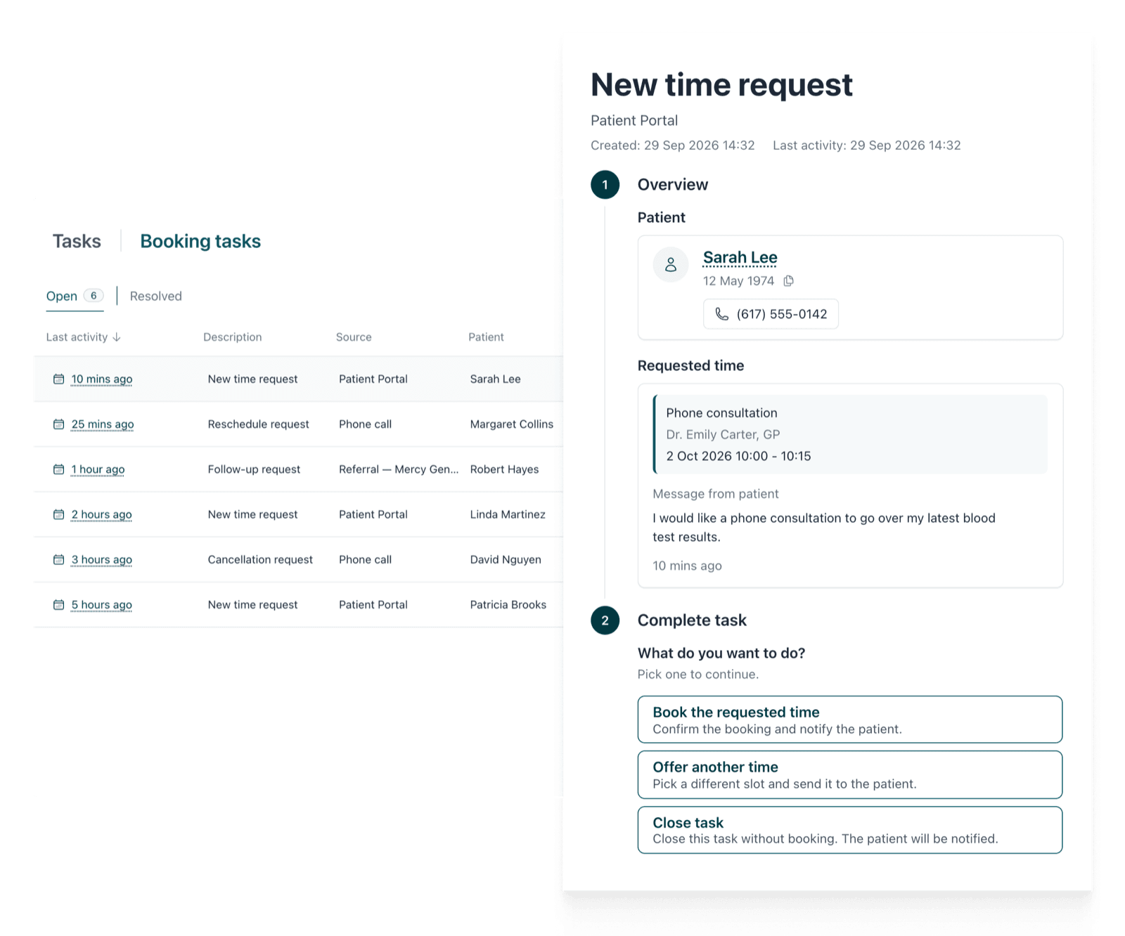 The Silva booking tasks list with a patient's new time request open, ready to book, offer another time or close