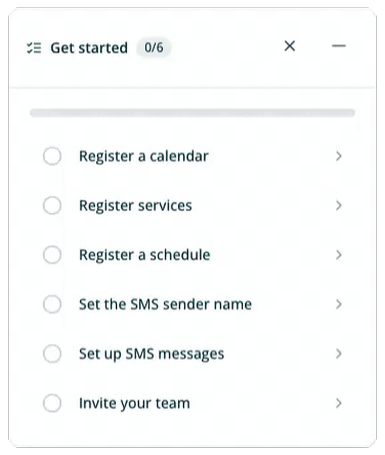 The Silva get-started checklist: register a calendar, services and a schedule, set the SMS sender name and messages, and invite your team