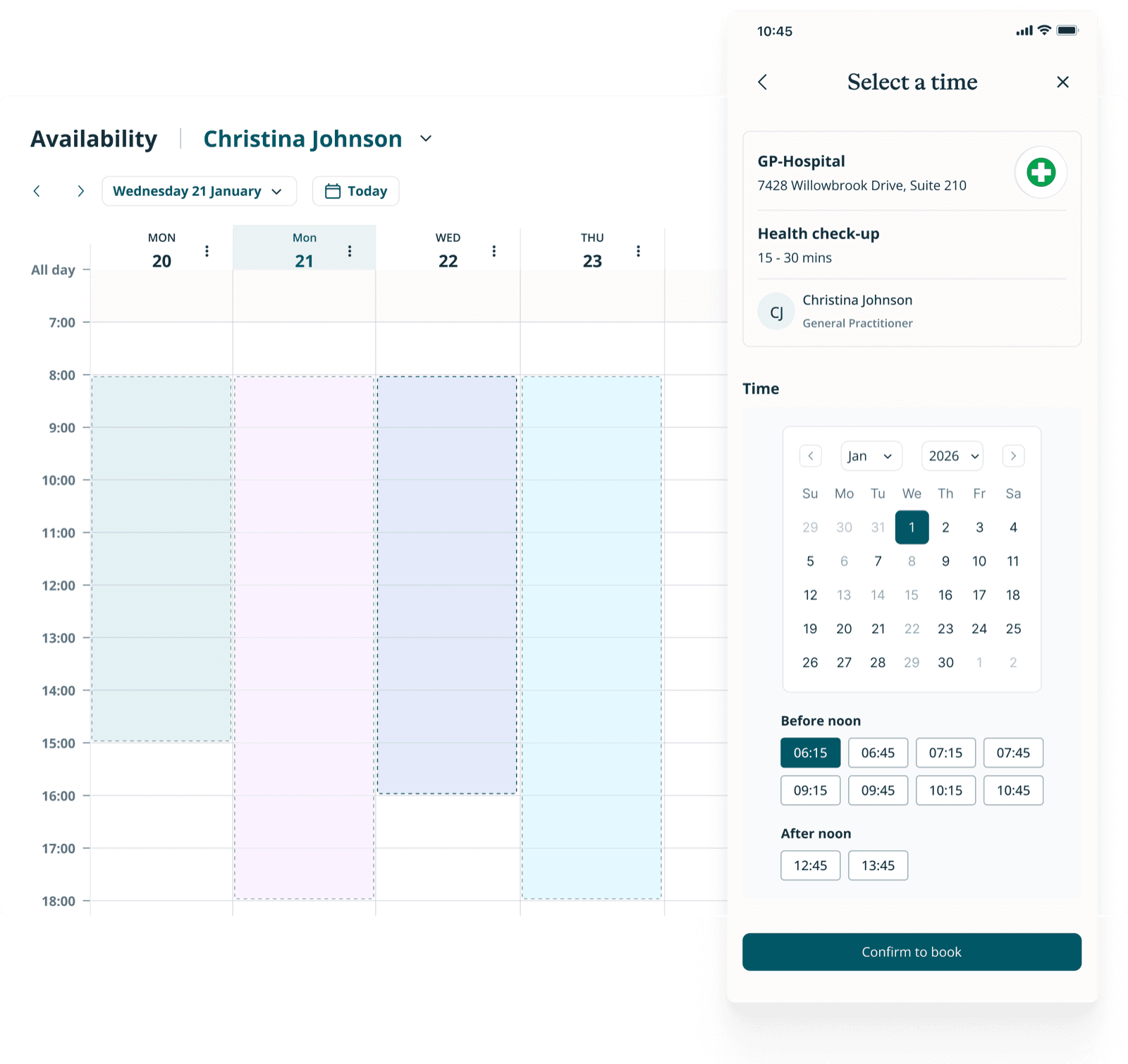 A clinician's weekly availability in the Silva calendar, next to the patient app's time picker for booking a health check-up